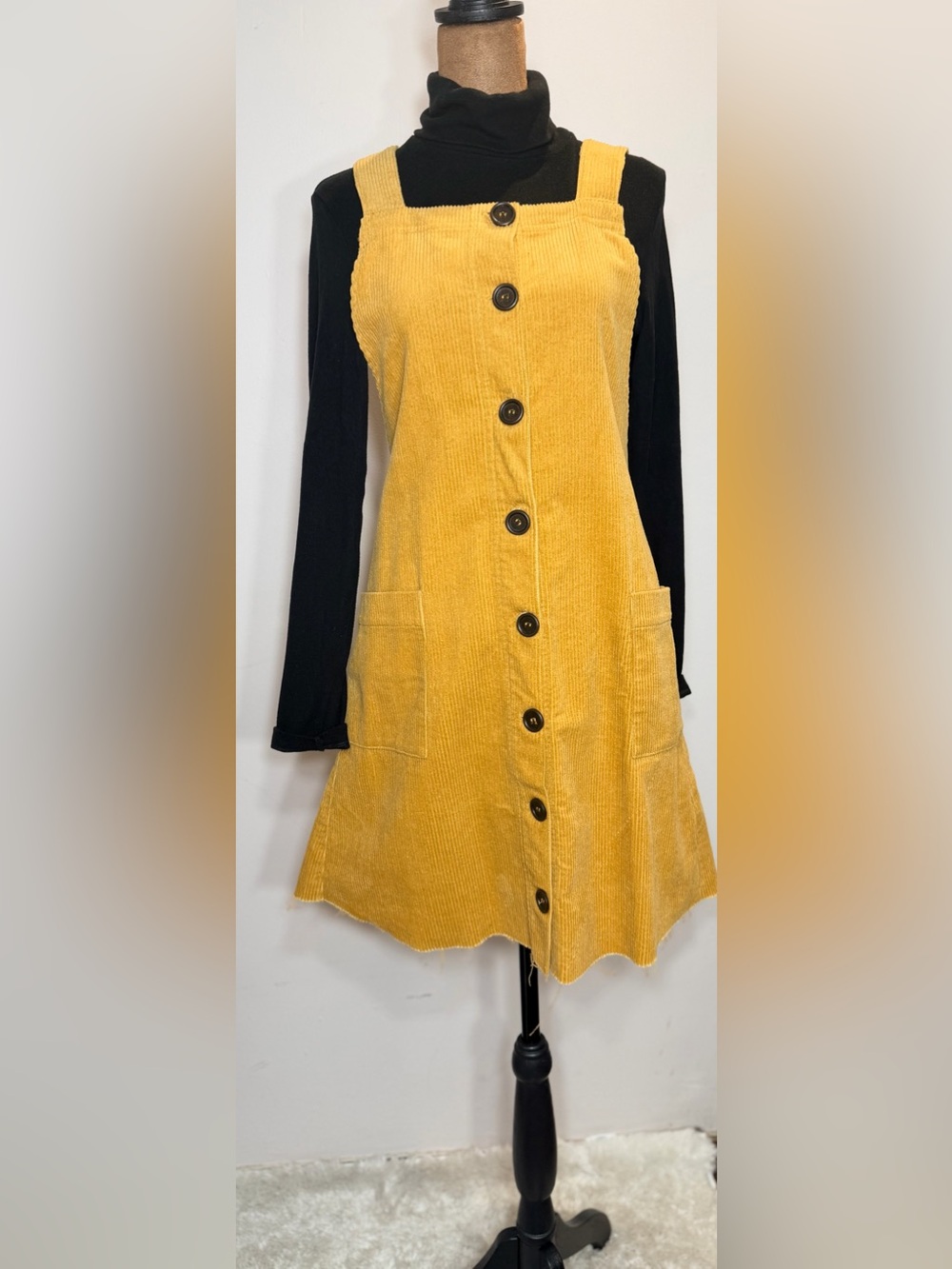 Easel Mustard Yellow Corduroy Button Front Mini Dress